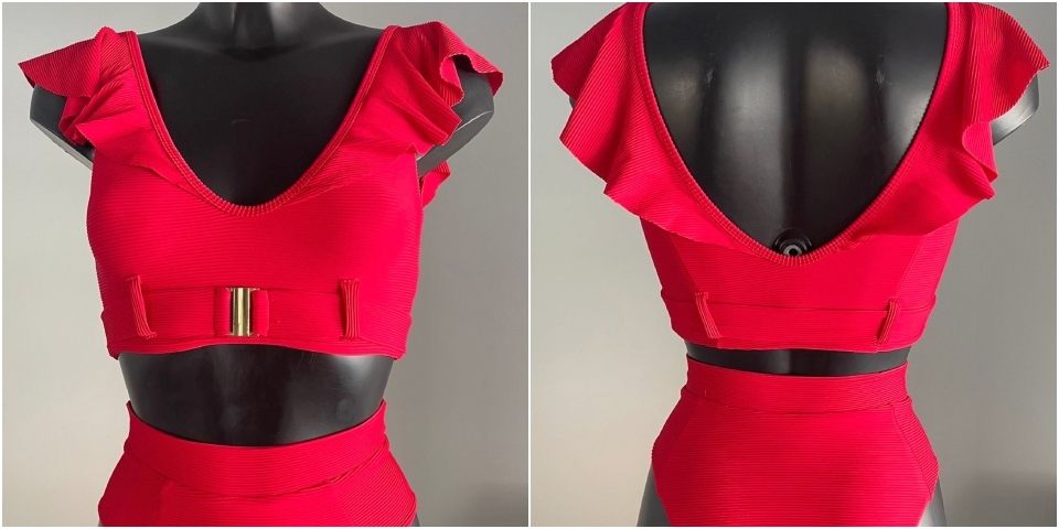 Puff sleeve halter bikini in red, developed by FLM Textil.